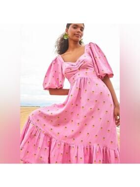 Farm Rio Embroidered Pineapple Pink Linen Midi Dress Size Small